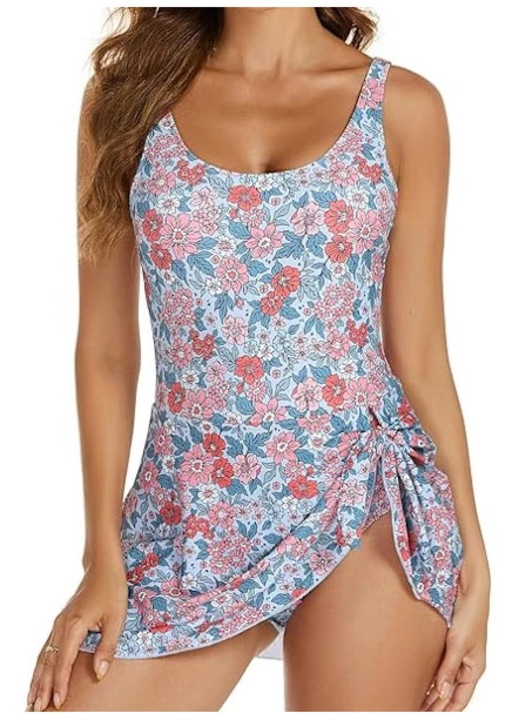 Costum de baie dama, model intreg, cu bretele reglabile, imprimeu floral, roz, material elastic, XL INTL