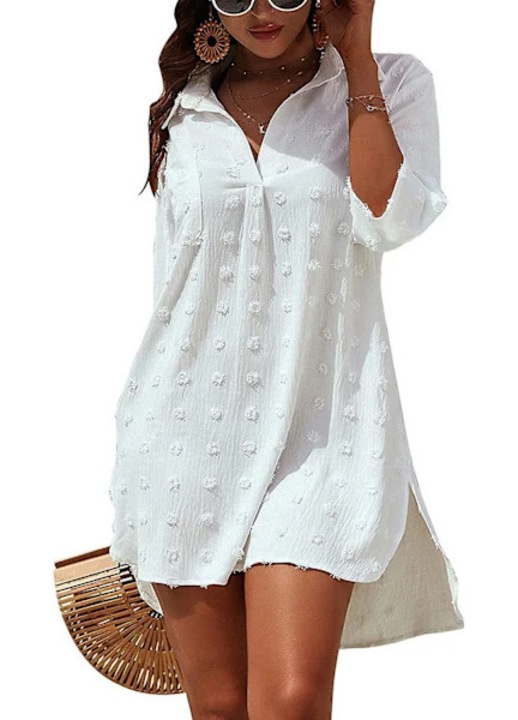 Rochie plaja din chiffon alb, maneci 3/4, buzunar frontal, marimi S-XL
