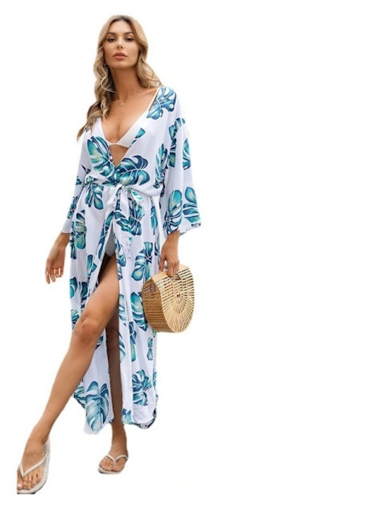 Cardigan maxi plaja, boem, verde cu imprimeu frunze, marime medie 134x56x26cm