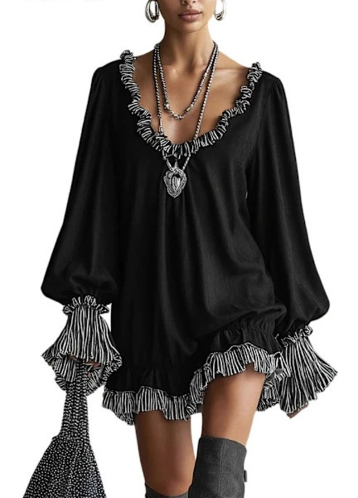 Rochie plaja dama, marime mare, decolteu adanc, maneci volan, negru, S 102x65x82cm