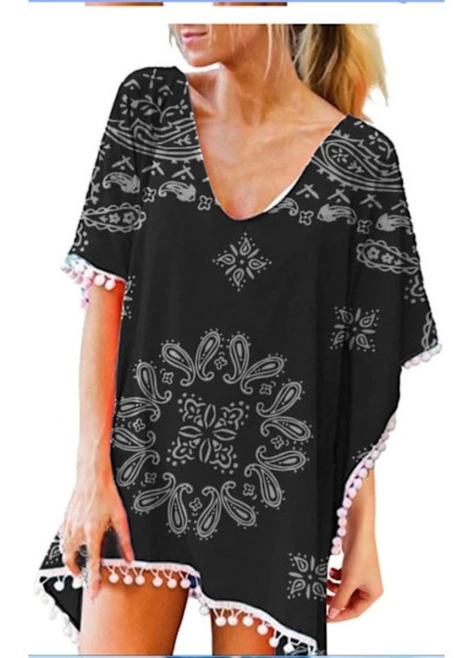 Bluza de plaja dama, chiffon, negru alb, S