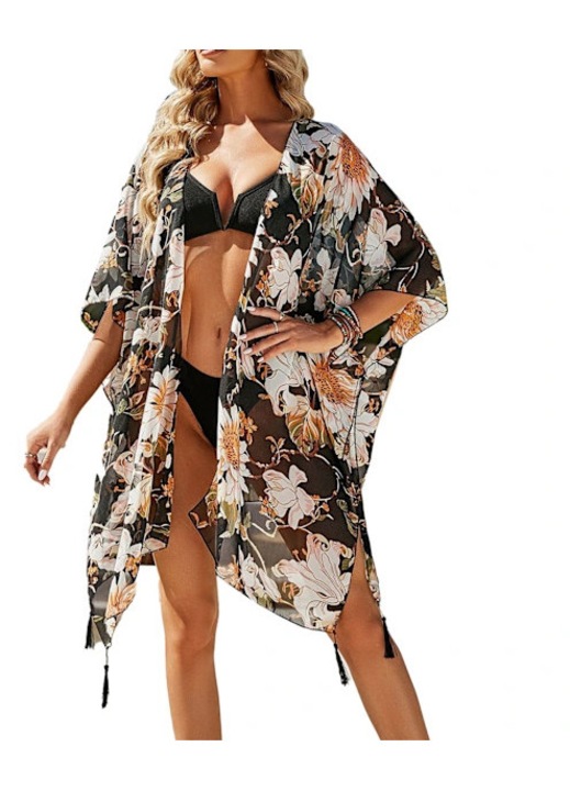 Fekete sifon strandruha, virágmintával és rojtokkal, 84x110cm