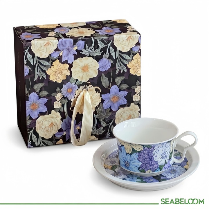 Set cana si farfurioara ceramica Seabeloom, Serviciu de cafea din portelan fin cu design floral pictat in ulei, Capacitate 290 ml, cutie cadou premium cu maner, Ambalaj elegant, ideal cadou pentru orice ocazie