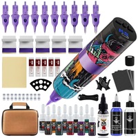 Set masina de tatuat fara fir, Seabeloom®, pistol aluminiu, Motor cu nucleu din otel tungsten, cu baterie 1600mAh si incarcare Type-C, 8000 rpm, display LED, Set pentru incepatori cu 10 culori de cerneala, 10 ace, practice skin si husa, Mov