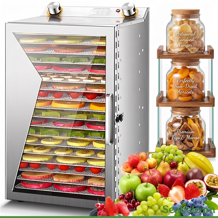 Deshidrator de alimente profesional Seabeloom, cu 18 niveluri, din otel inoxidabil, Putere 850W, sistem 360° de circulatie a aerului cald, temperatura 30-90°C, zgomot