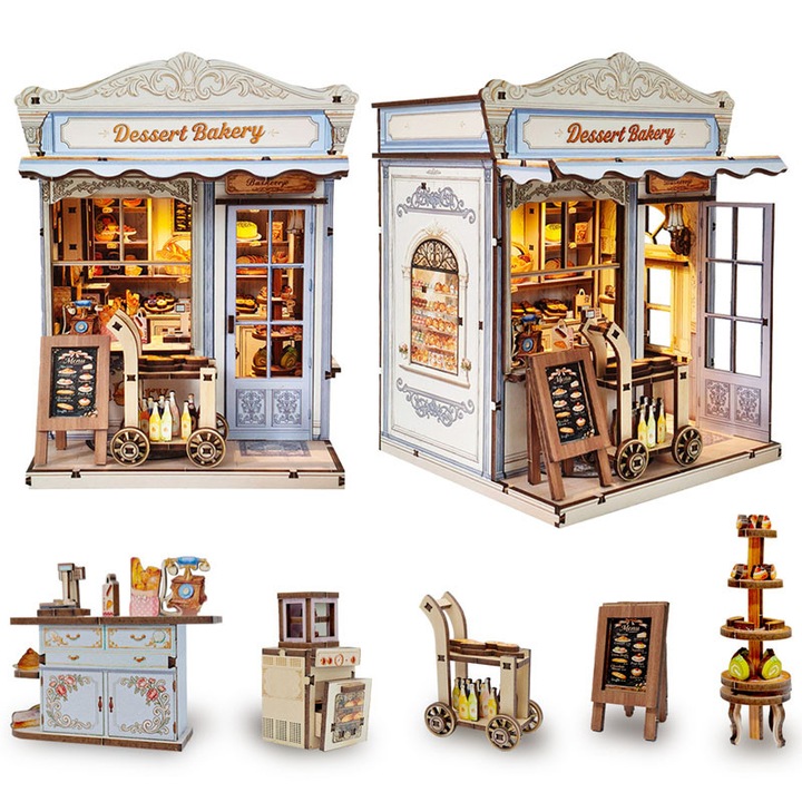 Babaház, Rqiurpn, Miniatűr otthoni pékség, 3D fa puzzle, LED világítással, Ajándékok családnak és barátoknak, 15*13.3*17cm