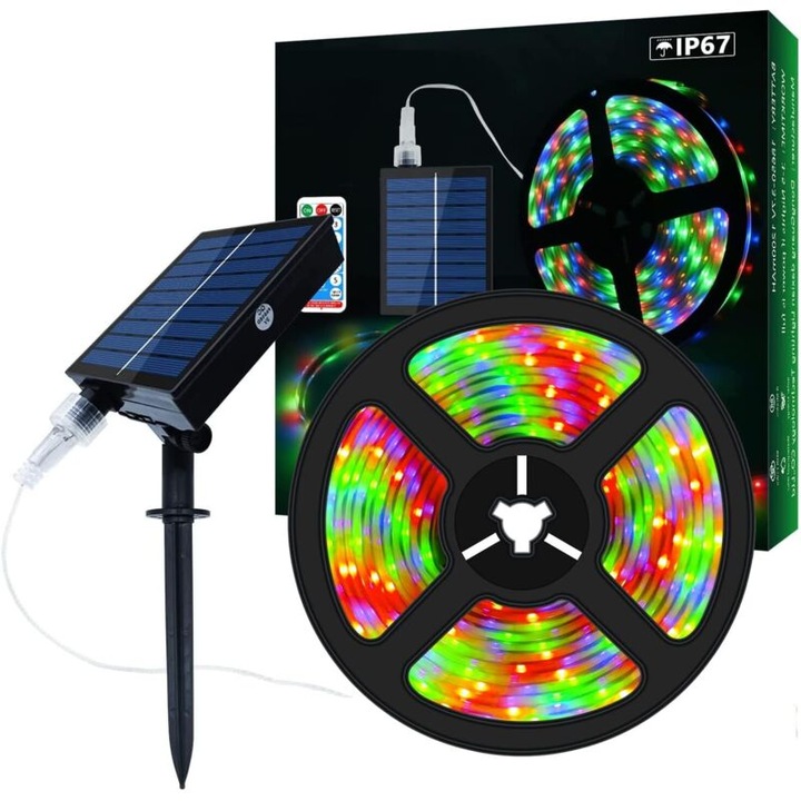 Banda LED solara 5m 280 LED RGB schimbare culoare IP67 impermeabil