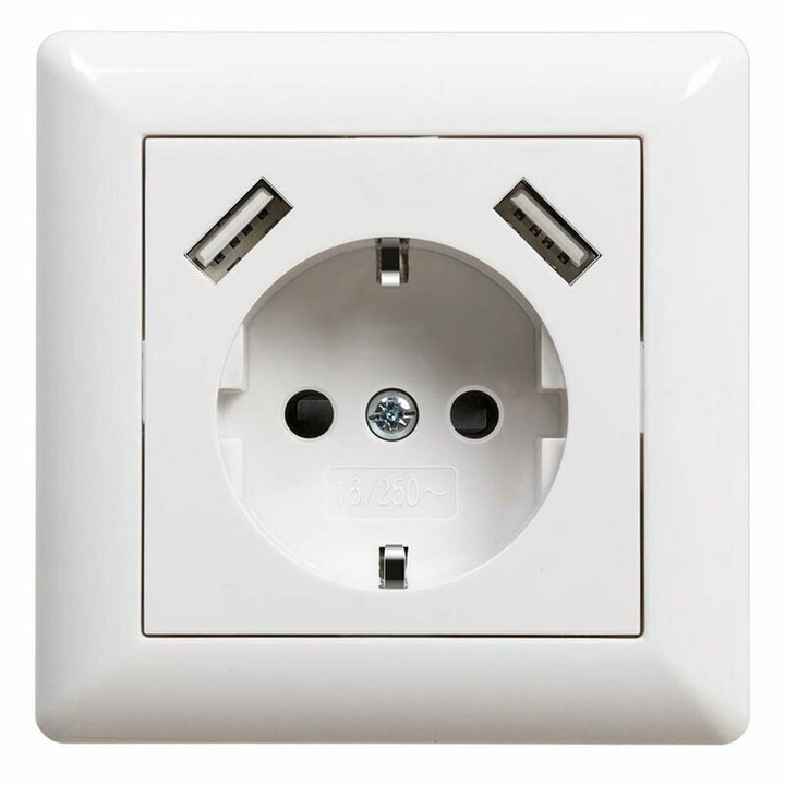 Вграден USB контакт, 2 порта, бял, 8x8x5см