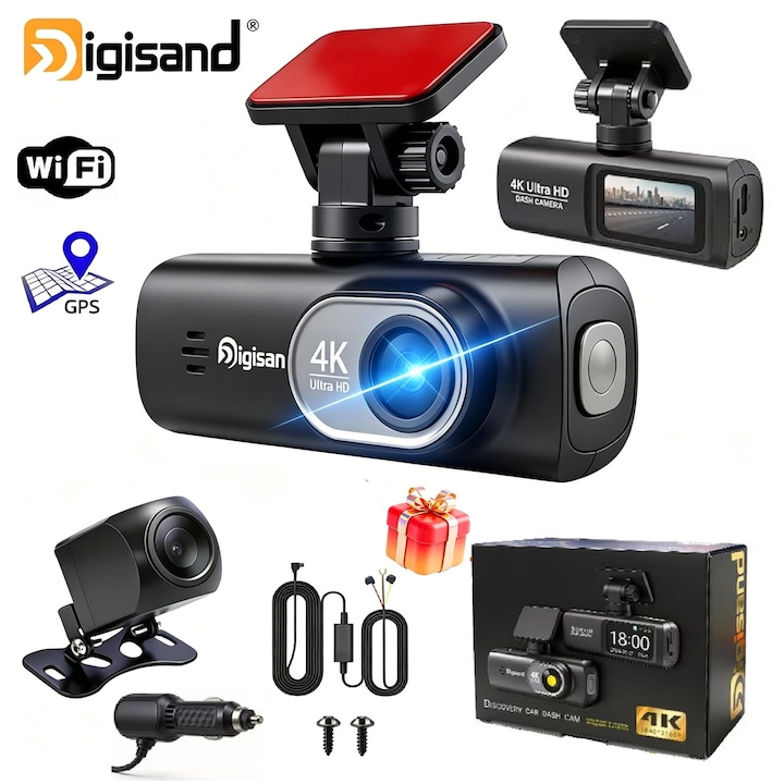 Camera Auto de Bord DVR Digisand V22, 4K Ultra HD 3840*2160P + camera marsarier Full HD, Wi-fi, GPS, Unghi 170°, Vedere Nocturna, Inregistrare Bucla, Detectare Miscare, Senzor Gravitate