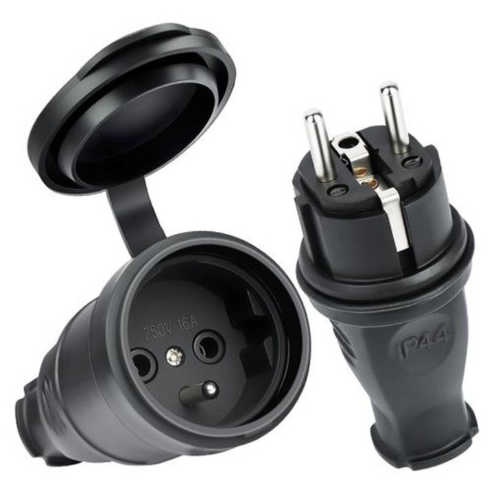 Set 2 piese prize si mufe Schuko, cauciuc, IP44, 11.7x5.2x5.2cm, 10x4.4x4.4cm, negru