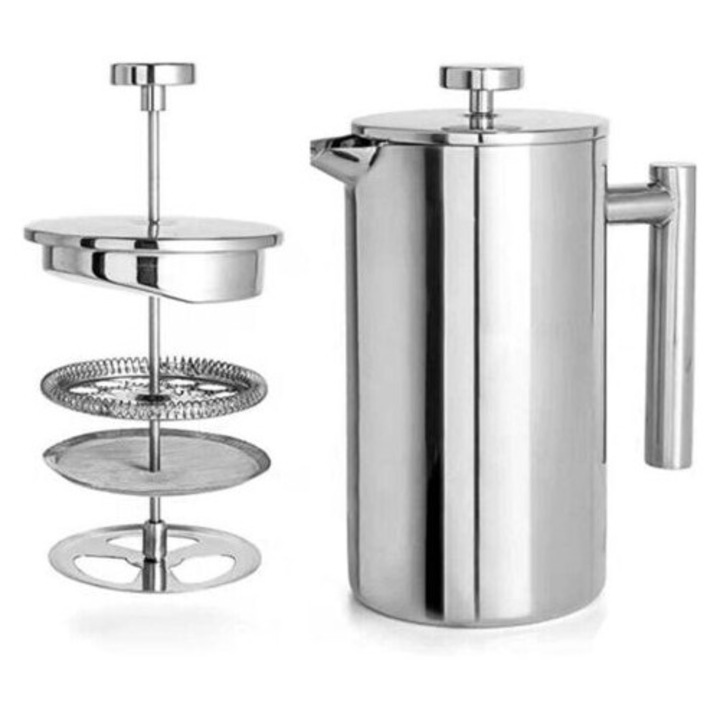 Cafetiera French Press, 1L, otel inoxidabil dublu strat, filtru suplimentar, argintiu