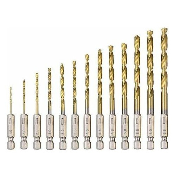 Set 13 burghie HSS titan 1.5-6.5mm pentru lemn metal plastic