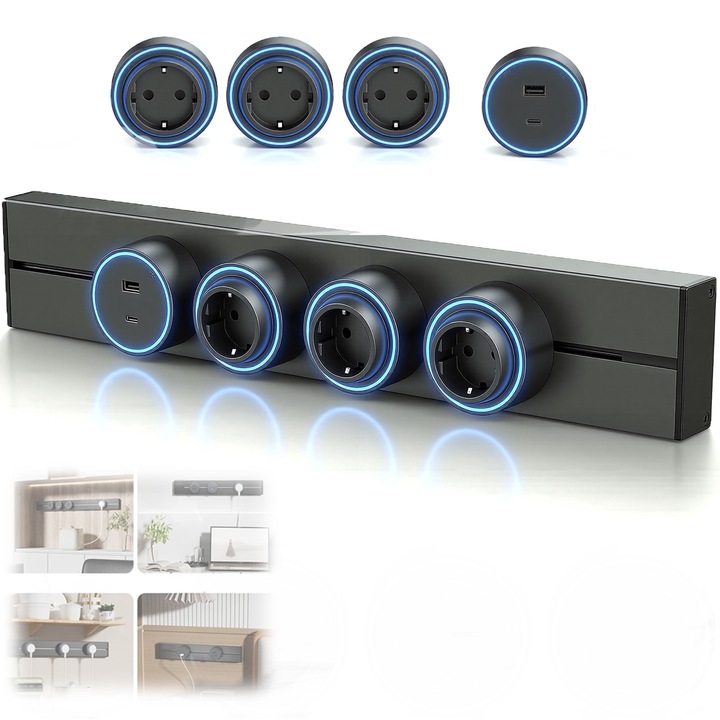 Priza Montare Perete, SANSES, 50cm, Capacitate Maxima Suportata 8000W, Priza Modulara, 4 Adaptoare Universale Mobile (3x Priza EU cu Impamantare + 1x USB + Type-C), Functie Pornire/Oprire Prin Rotire, Montaj Perete/Blat, Negru