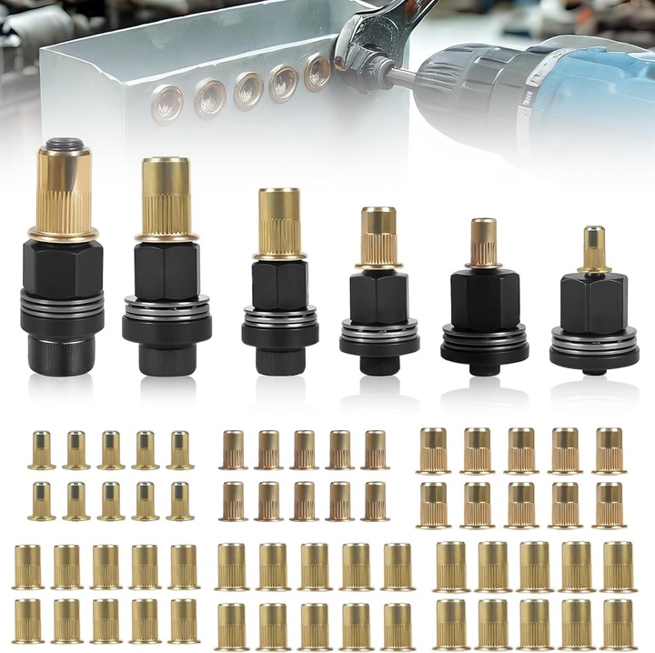 Set de 6 clesti cu insertie filetata metalica, Piulite nititoare metalice pentru M3 M4 M5 M6 M8 M10 cu 60 de piulite, Masina de nituit manuala