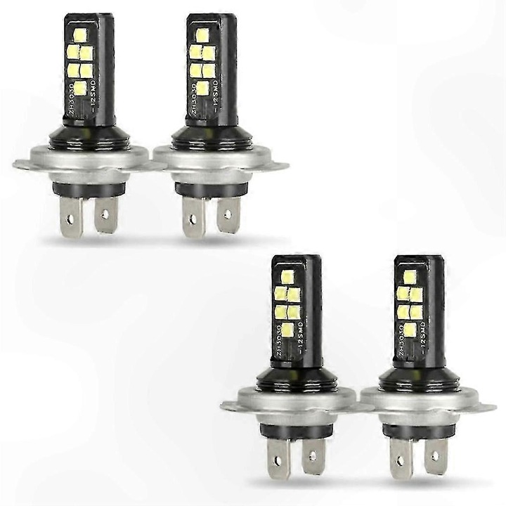 Set 4 becuri LED far auto H4 H7, alb rece, 6000K, 12V, IP67, 360°