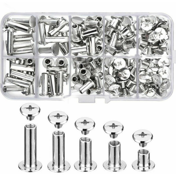 Suruburi metalice pentru legare, 80 buc., suruburi Chicago, nituri din otel inoxidabil solid pentru bricolaj, decoratiuni din piele, reparatii de legatorii de carti, mestesuguri (argintiu)
