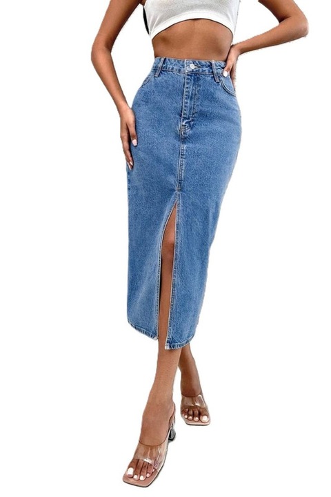Fusta Dama, Denim, Talie Inalta, Cu Buzunare, Crepatura Frontala, Albastru deschis