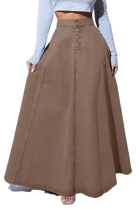 Fusta Dama, Din Denim, Croiala In A, Inchidere Frontala Cu Nasturi, Maro deschis