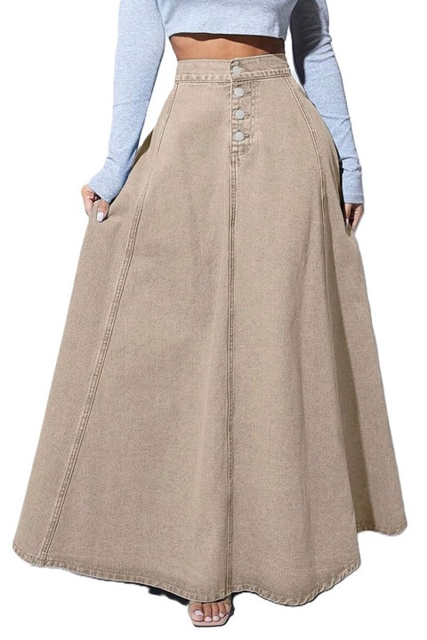 Fusta Dama, Din Denim, Croiala In A, Inchidere Frontala Cu Nasturi, Crem