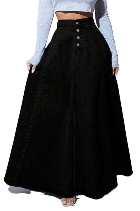 Fusta Dama, Din Denim, Croiala In A, Inchidere Frontala Cu Nasturi, Negru
