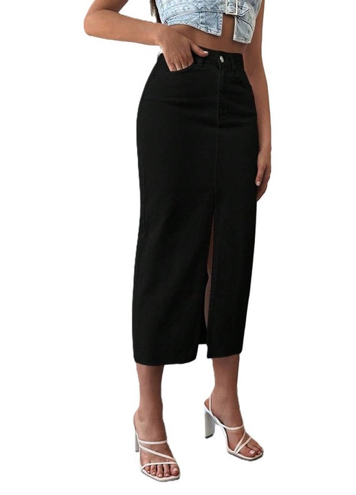 Fusta Dama, Din Denim, Talie Inalta, Cu Buzunare & Tiv Nefinisat, Negru