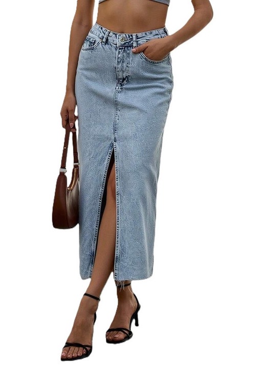Fusta Dama, Din Denim, Talie Inalta, Cu Buzunare & Tiv Nefinisat, Albastru