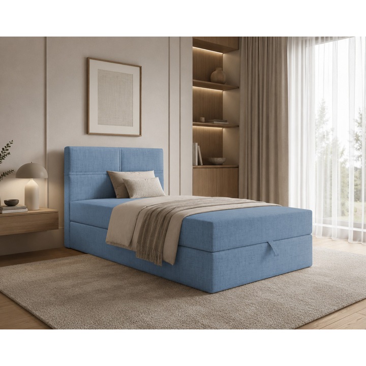 NOLA MINI Boxspring kárpitozott ágy tárolóhellyel, egyszemélyes ágy, ágyneműtartó, hálószoba (90x200, Világoskék - Aura 13, topper nélkül)
