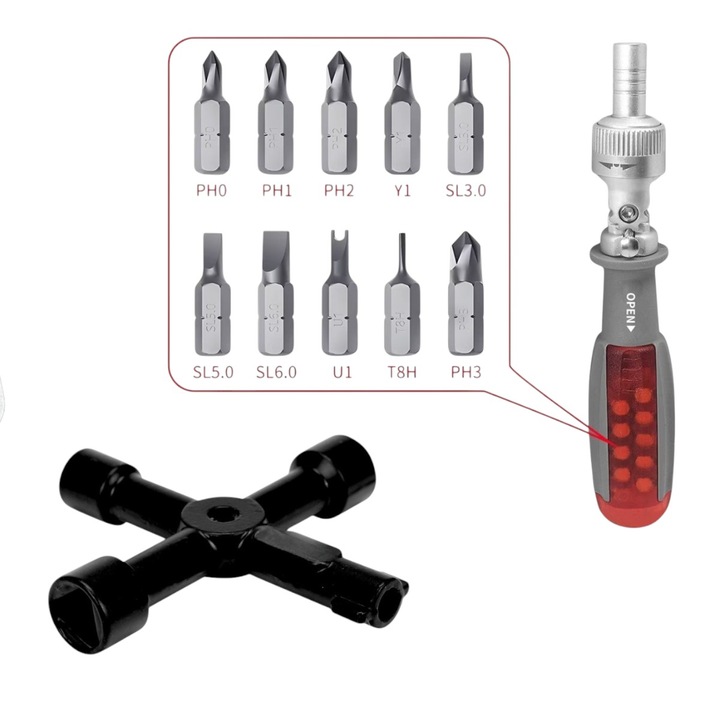 Cheie multifunctionala, tip 4 in1 - rotund 6mm/triunghiular 10 mm/ patrat 8mm/ patrat 10 mm -, pentru camine utilitati, negru, 72X72 mm cu Set surubelnita clichet, bidirectionala, crom vanadiu, depozitare ascunsa 10 biti, rotatie la 180 *, anti rugiina