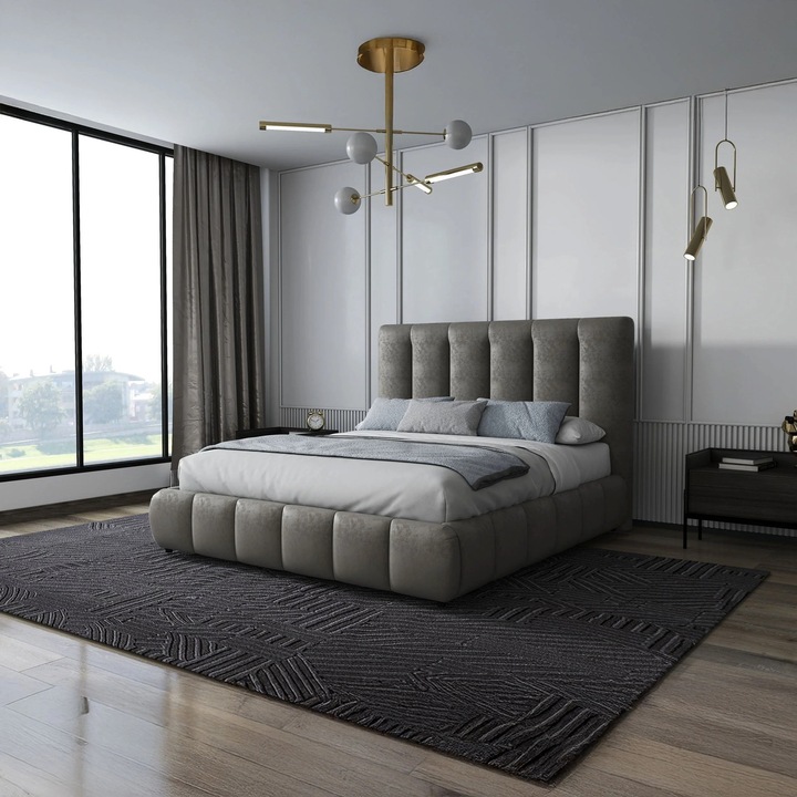 Pat dormitor dumonde, tapitat bej, Divaneo 180x200 cm, somiera rabatabila inclusa, spatiu depozitare