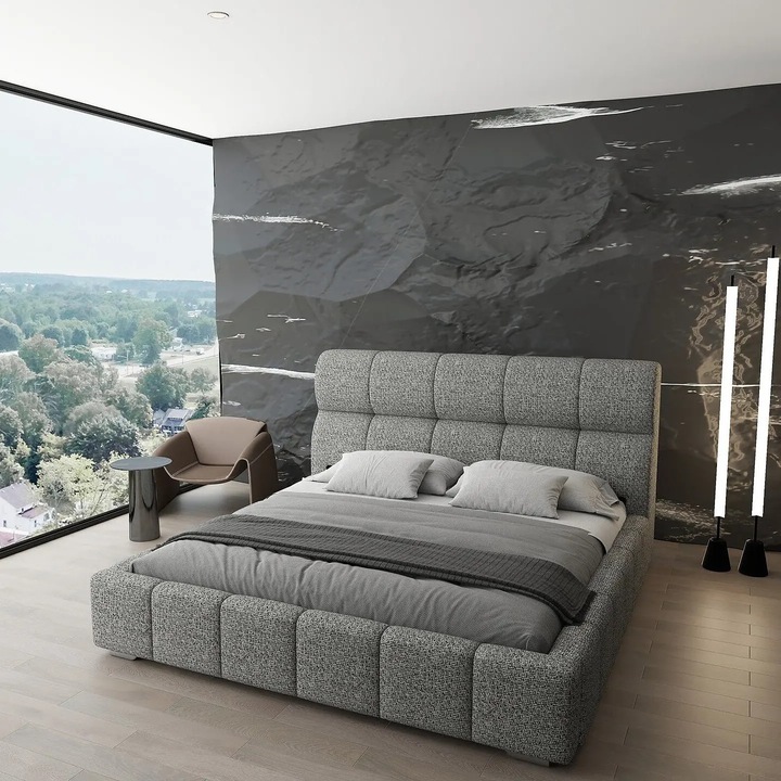 Pat dormitor dumonde, tapitat grey, Prestige 180x200 cm, somiera rabatabila inclusa, spatiu depozitare