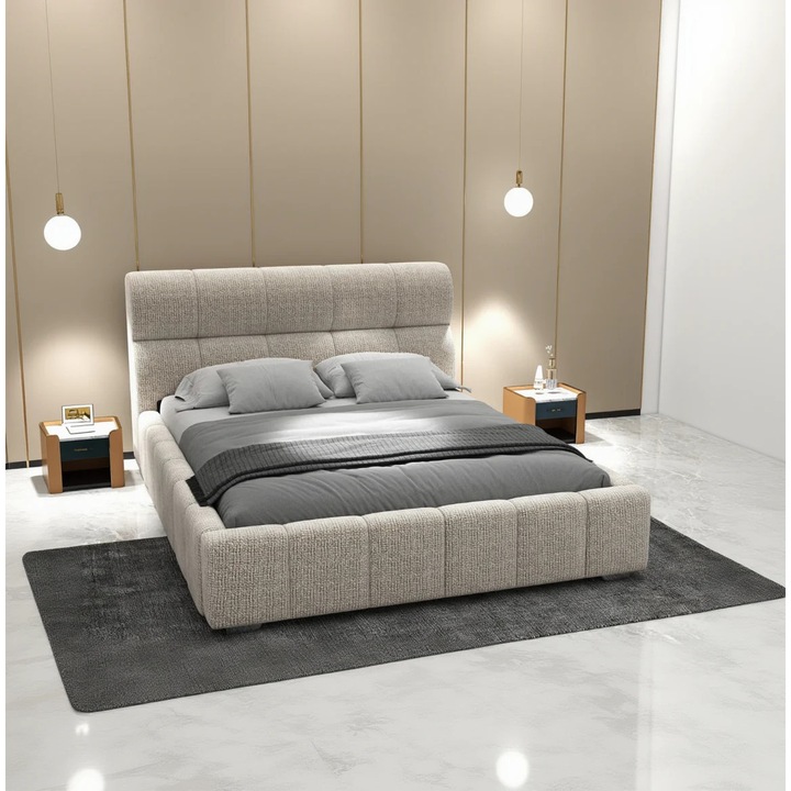 Pat dormitor dumonde, tapitat bej, Elaris 160x200 cm, somiera rabatabila inclusa, spatiu depozitare