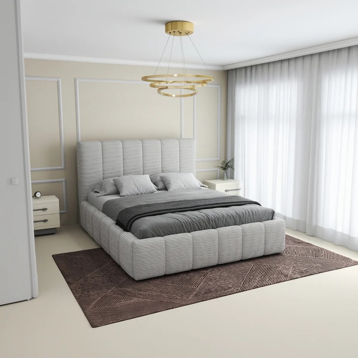 Pat dormitor dumonde, tapitat beige, Ambiance 180x200 cm, somiera rabatabila inclusa, spatiu depozitare