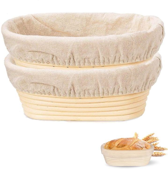 Set 2 cosuri fermentare paine oval ratan captusit bej 25x8x15cm