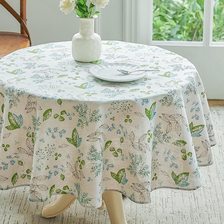 Kerek asztalterítő, pamut és len, levélmintás, többszínű, 140cm átmérő