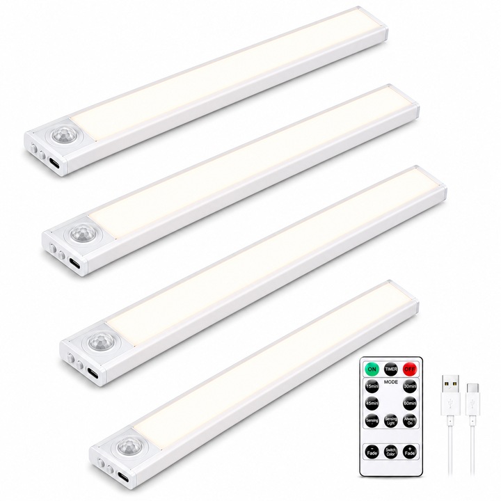 Комплект от 4 LED лампи за шкаф, 20 см, със сензор за движение, 3 регулируеми цвята на светлината, монтаж без пробиване с 3M лента и система със скоба, за кухня и спалня