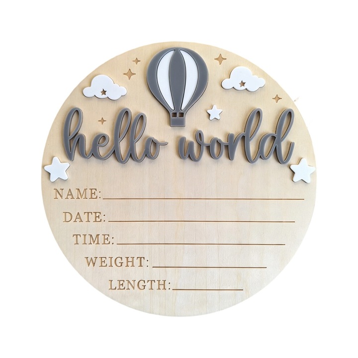 Placa anunt nastere bebelus lemn, personalizabila, gri cu alb, 15x15cm