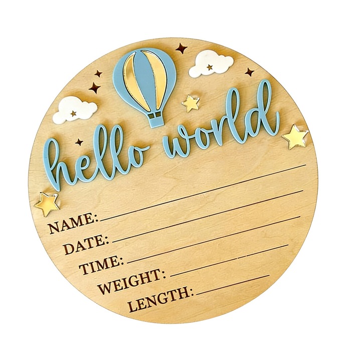 Placa anunt nastere bebelus lemn, albastru deschis argintiu, 15x15cm
