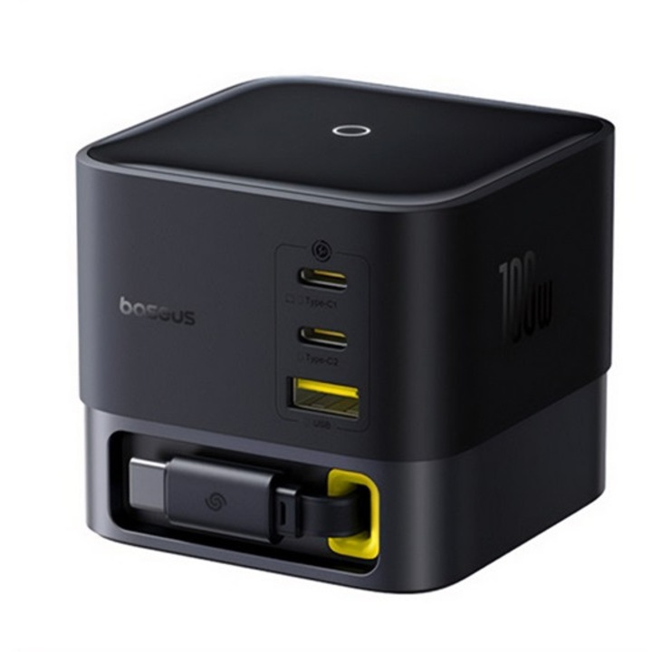Baseus hálózati töltő állomás usb+2 type-c aljzat, 100w, gan, gyorstöltő, fix type-c kábel + 80cm tápkábel, fekete