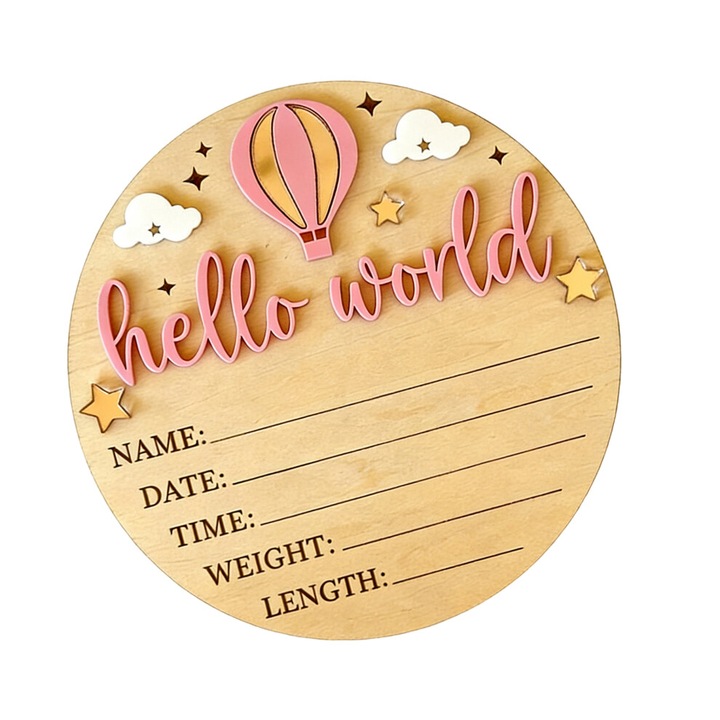 Placa lemn anunt nastere, roz cu auriu, 15x15cm