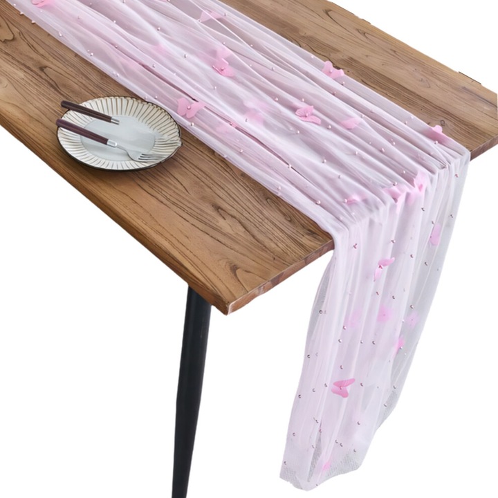 Rózsaszín csipketerítő 150x160cm pillangókkal és gyöngyökkel