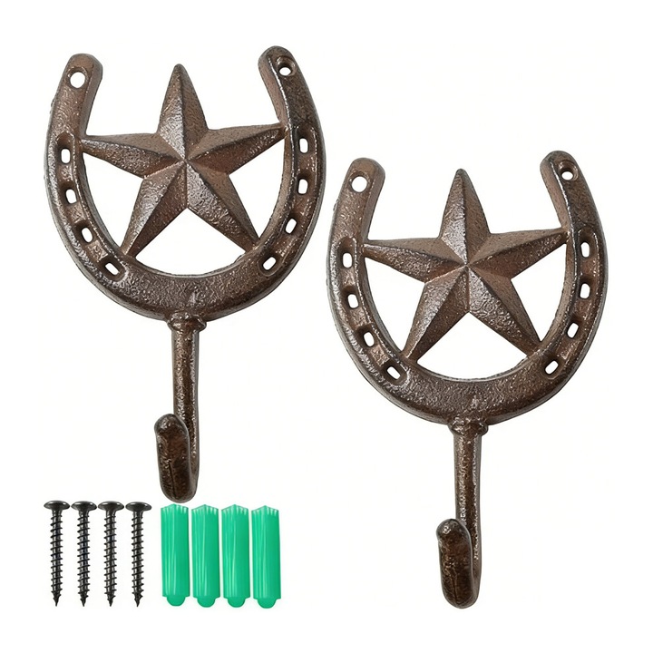Set 2 carlige de perete metalice, tematica cowboy, stea, rezistente la rugina, 17x11cm