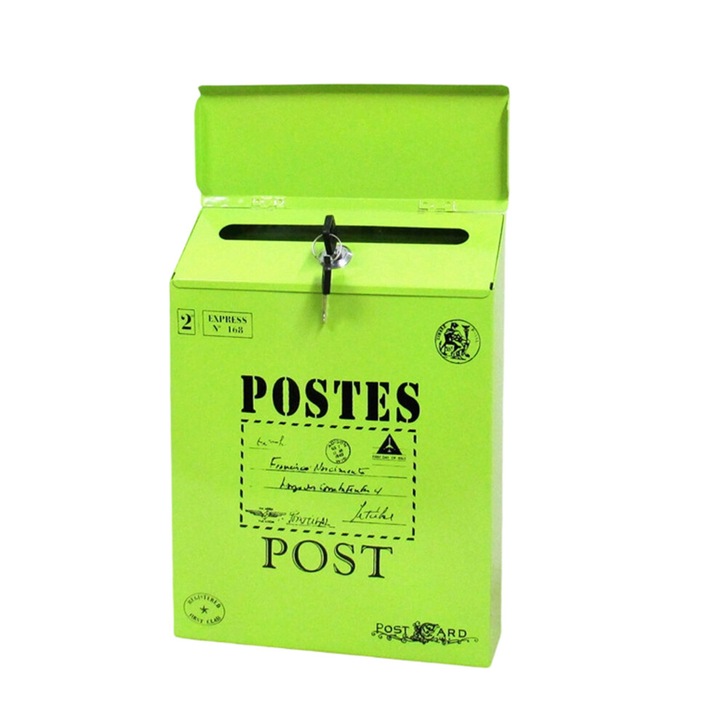 Vintage fali postaláda vasból, lakattal, zöld, 30x23x6cm