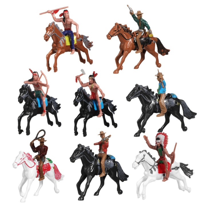 Set 8 figurine cowboy si cai, plastic, 11x9cm, multicolor