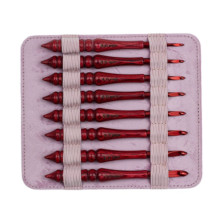 8 db horgolótű készlet, alumínium, piros fa nyéllel, 3-7mm, 14cm, tokkal, 21x16cm