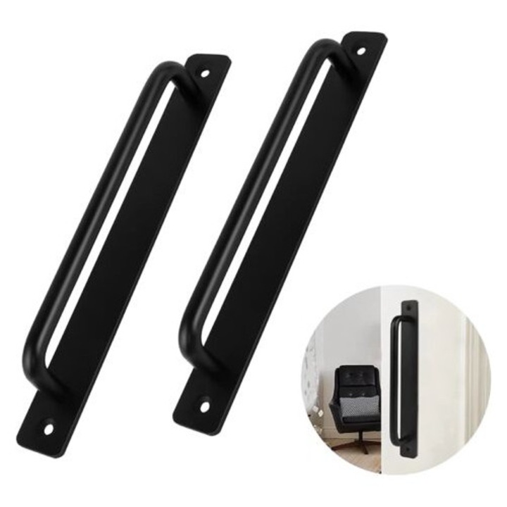 Set manere de usa cu 2 piese, maner de usa glisanta din aliaj de aluminiu negru pentru uz interior si exterior, usa de hambar, dulap, dulap, dormitor, cu 4 suruburi, negru (21 cm)