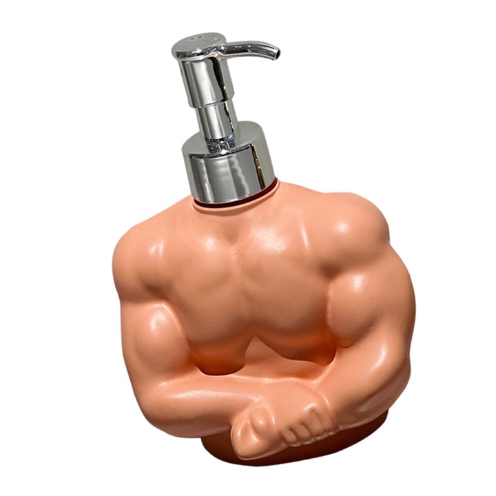 Dozator sapun lichid, barbat musculos, plastic moale, 14x10x8cm