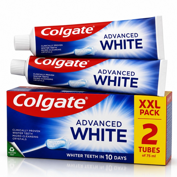 Pasta de dinti Colgate® Advanced White XXL Pack, efect de albire, 2 x 75 ml