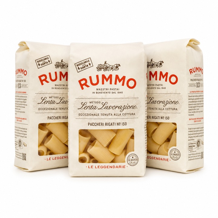 Set 3 x Paste Rummo Paccheri Rigati Nr. 150, 500 g/buc, paste din grau dur, timp de fierbere 13 minute