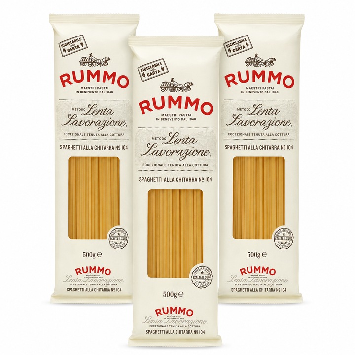 Set 3 x Paste Rummo Spaghetti alla Chitarra Nr. 104, 500 g, metoda Lenta Lavorazione, paste din grau dur, timp de fierbere 12 minute