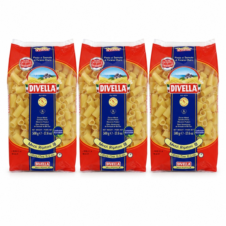 Set 3 x Paste Divella Mezzi Rigatoni 18, 500 g/pachet, paste din grau dur